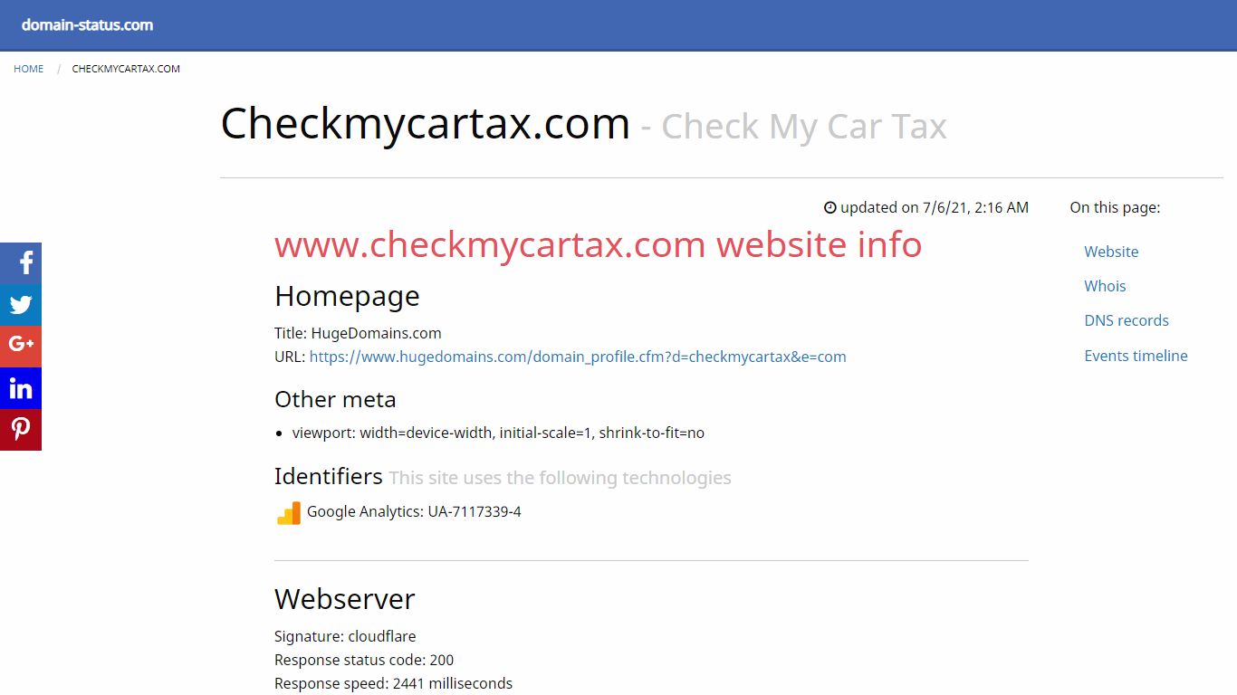 checkmycartax.com domain datasheet - domain-status.com